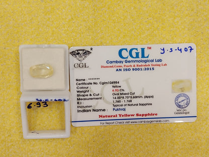 6.93 Carat Natural Yellow Sapphire Stone