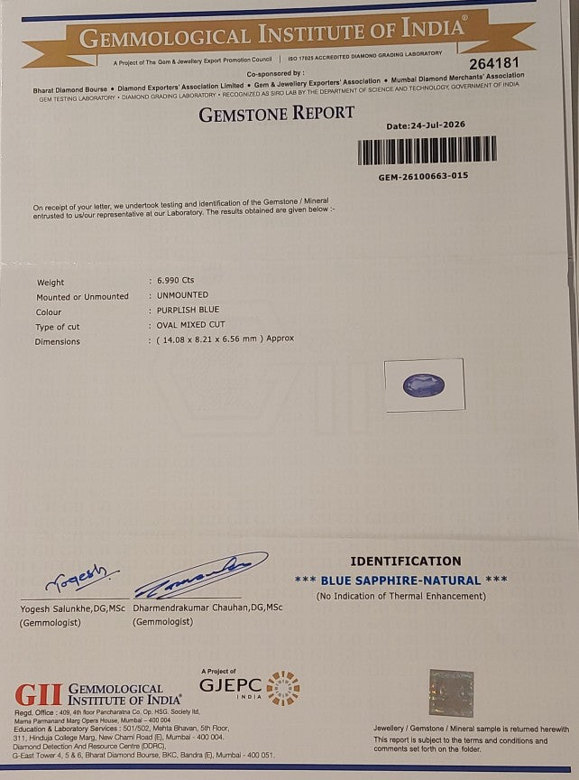 6.99 Carats GII Certified Natural Sri-Lankan Ceylon Blue Sapphire Gemstone