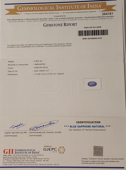6.99 Carats GII Certified Natural Sri-Lankan Ceylon Blue Sapphire Gemstone