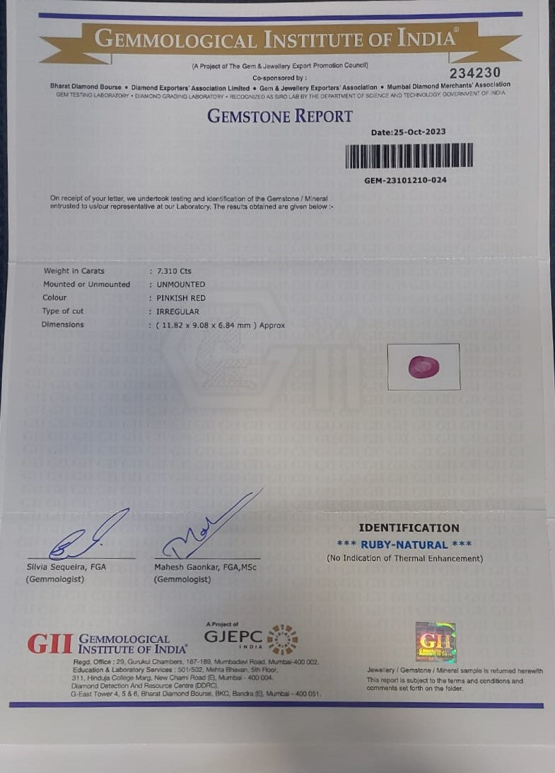 7.31 Carat Natural Old Burma Ruby Stone Gii certified