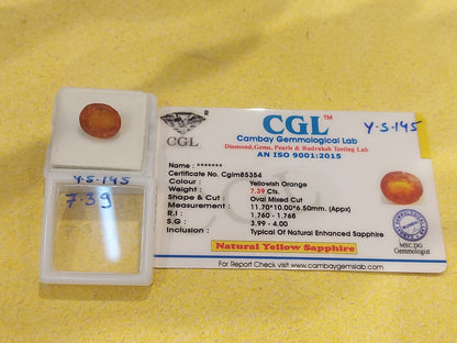7.39 Carat Natural Yellow Sapphire Stone