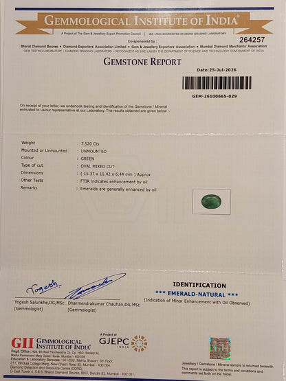 7.52	Carats GII Certified Natural Zambian Emerald Gemstone