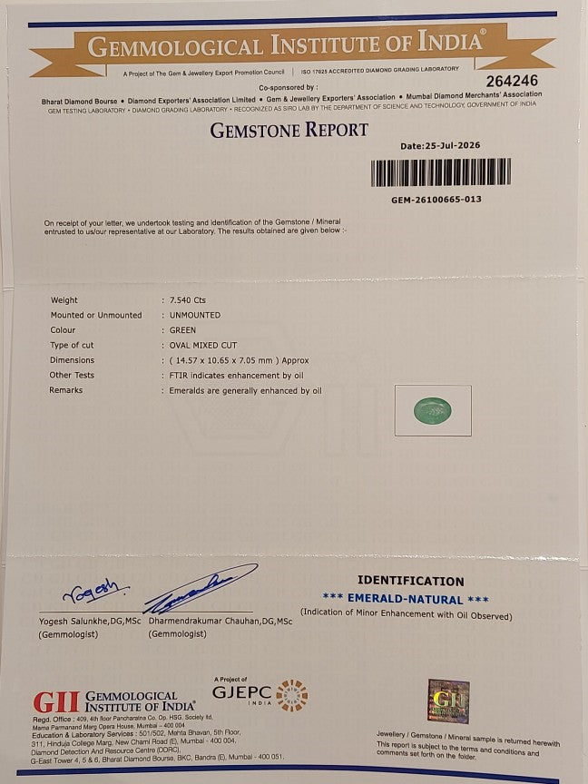 7.54	Carats GII Certified Natural Zambian Emerald Gemstone