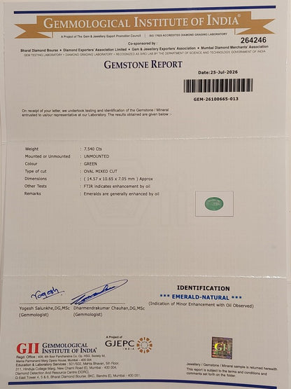7.54	Carats GII Certified Natural Zambian Emerald Gemstone
