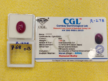 7.68 Carat Natural Old Burna Ruby Stone