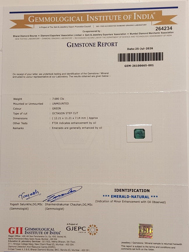 7.68 Carats GII Certified Natural Zambian Emerald Gemstone