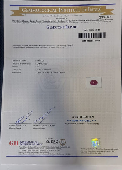 7.68 Carat Natural Old Burma Ruby Stone with Gii lab certificate