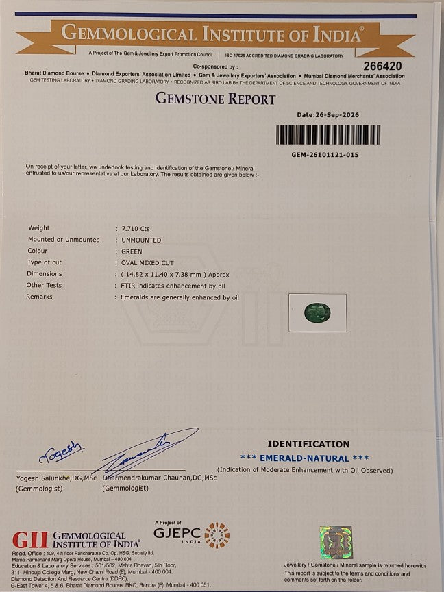 7.71 Carat GII Certified Natural Zambian Emerald Gemstone