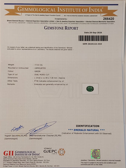 7.71 Carat GII Certified Natural Zambian Emerald Gemstone