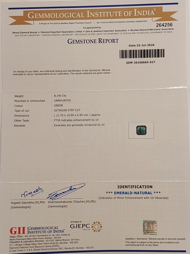 8.14 Carats GII Certified Natural Zambian Emerald Gemstone
