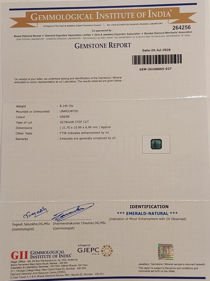 8.14 Carats GII Certified Natural Zambian Emerald Gemstone