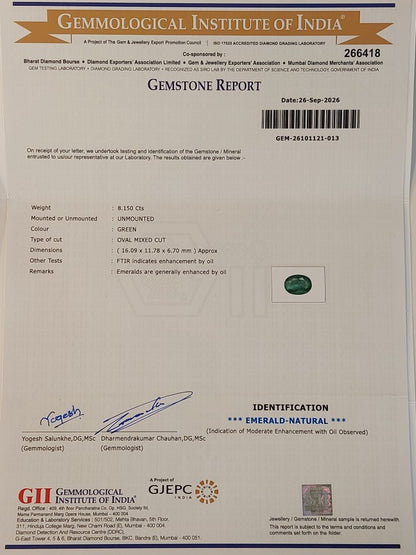 8.15 Carat GII Certified Natural Zambian Emerald Gemstone