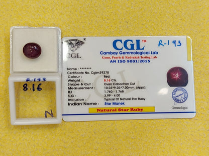 8.16 Carat Natural Start Ruby Stone