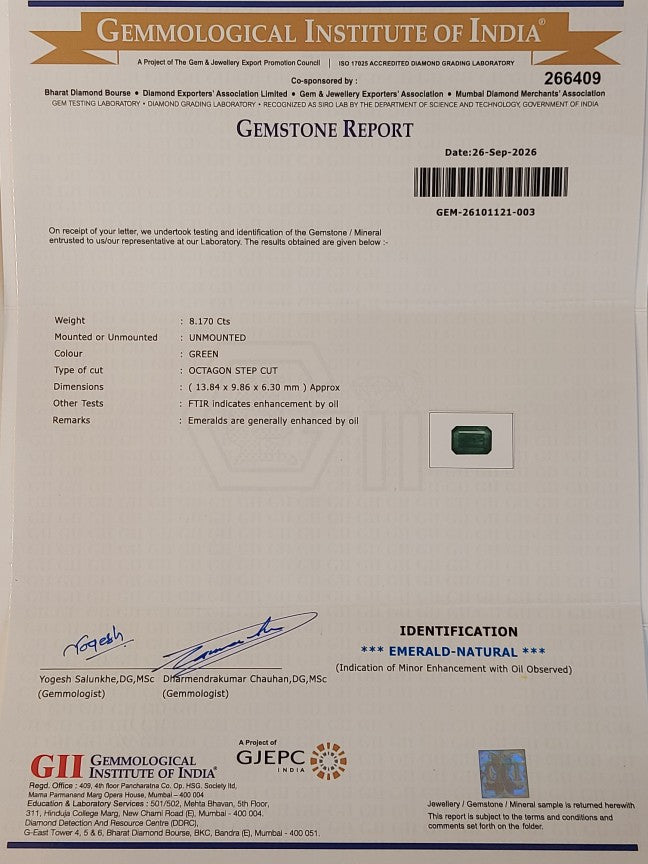 8.17 Carats GII Certified Natural Zambian Emerald Gemstone