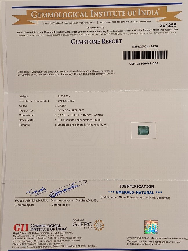 8.23 Carats GII Certified Natural Zambian Emerald Gemstone