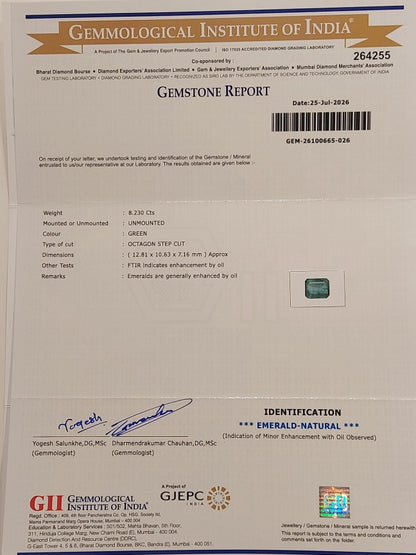 8.23 Carats GII Certified Natural Zambian Emerald Gemstone