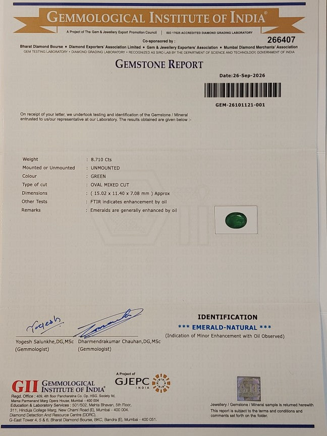 8.71 Carats GII Certified Natural Zambian Emerald Gemstone