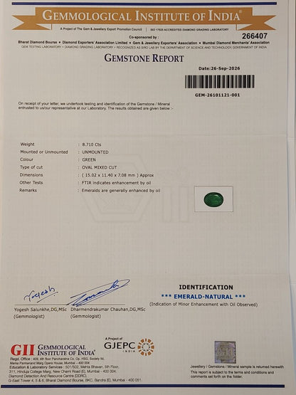8.71 Carats GII Certified Natural Zambian Emerald Gemstone