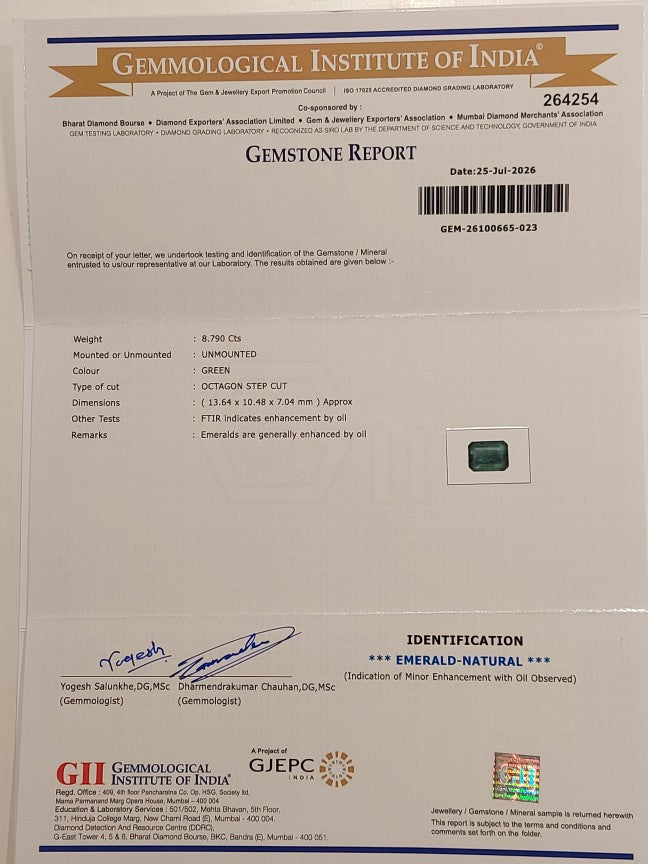 8.79 Carats GII Certified Natural Zambian Emerald Gemstone
