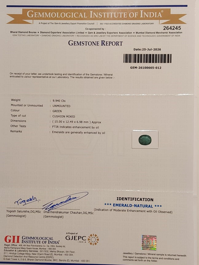 9.94Carats GII Certified Natural Zambian Emerald Gemstone