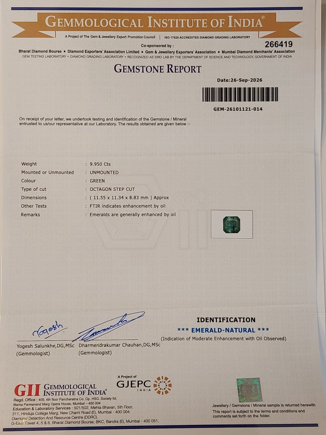 9.95 Carats GII Certified Natural Zambian Emerald Gemstone