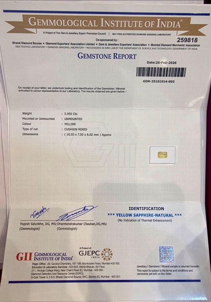 5.05 Carat Natural Yellow Sapphire Stone with Gii certificate
