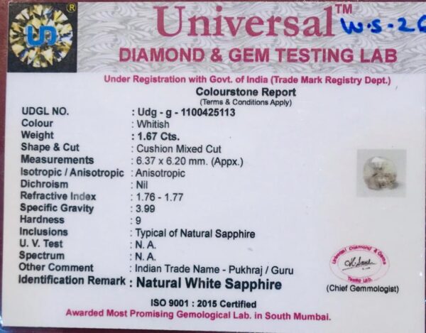 1.67 Carat Natural White Sapphire Stone - Image 2