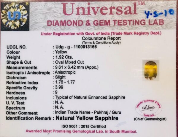 1.92 Carat Natural Yellow Sapphire Stone - Image 2