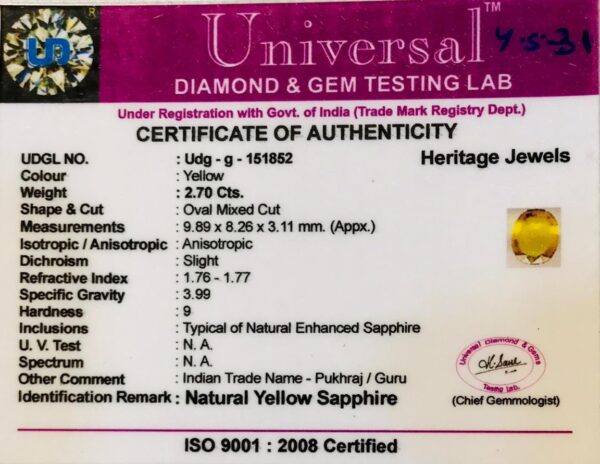 2.70 Carat Natural Yellow Sapphire Stone - Image 2