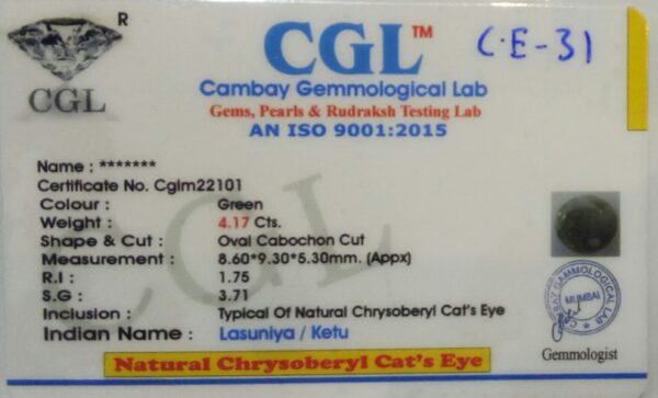 4.17 Carat Natural Chrysoberyl Cats Eye Stone - Image 2