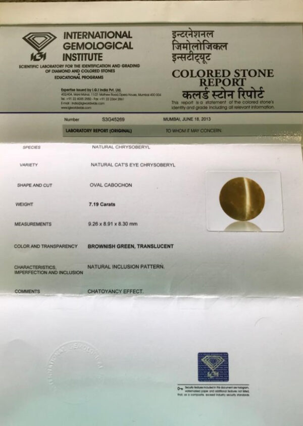 7.19 Carat Natural Chrysoberyl Cats Eye Stone - Image 2