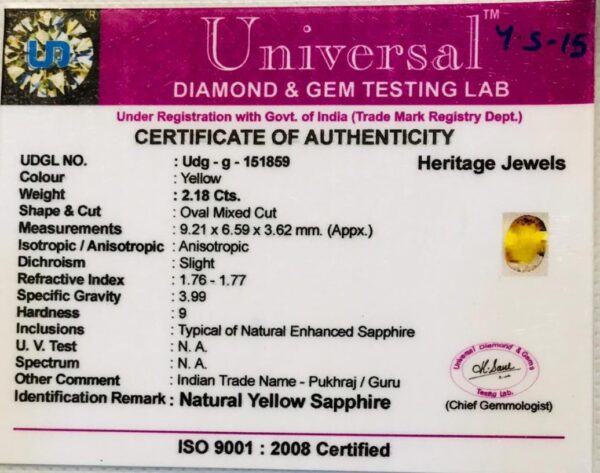 2.18 Carat Natural Yellow Sapphire Stone - Image 2