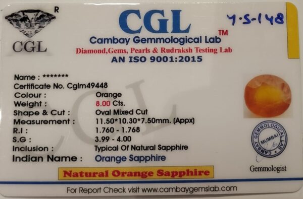 8.00 Carat Natural Orange Sapphire Stone - Image 2