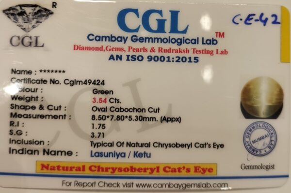 3.54 Carat Natural Chrysoberyl Cats Eye Stone - Image 2