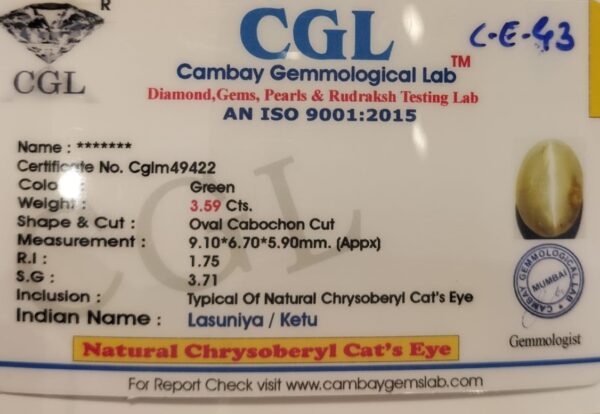 3.59 Carat Natural Chrysoberyl Cats Eye Stone - Image 2