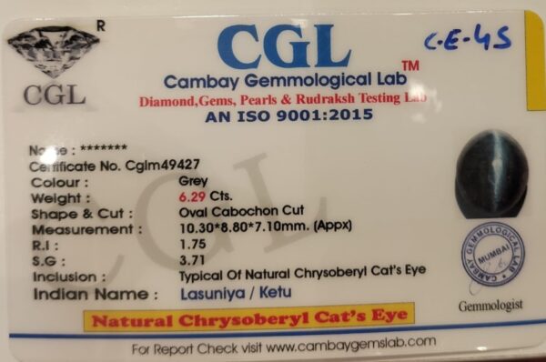 6.29 Carat Natural Chrysoberyl Cats Eye Stone - Image 2