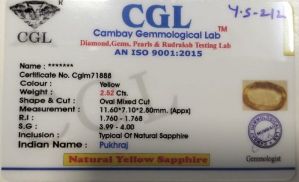 2.52 Carat Natural Yellow Sapphire - Image 2