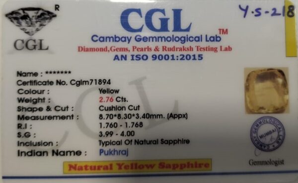 2.76 Carat Natural Yellow Sapphire - Image 2