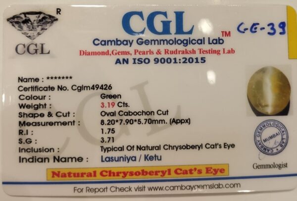 3.19 Carat Natural Chrysoberyl Cats Eye Stone - Image 2