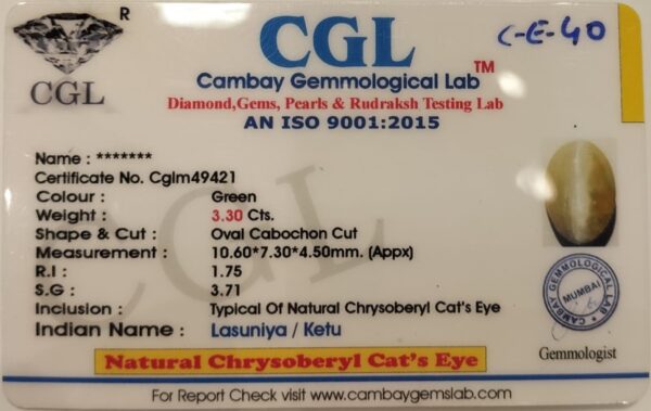 3.30 Carat Natural Chrysoberyl Cats Eye Stone - Image 2